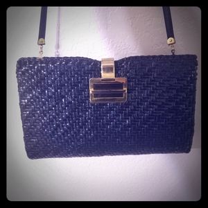 Vintage Rodo dark blue glazed wicker purse
